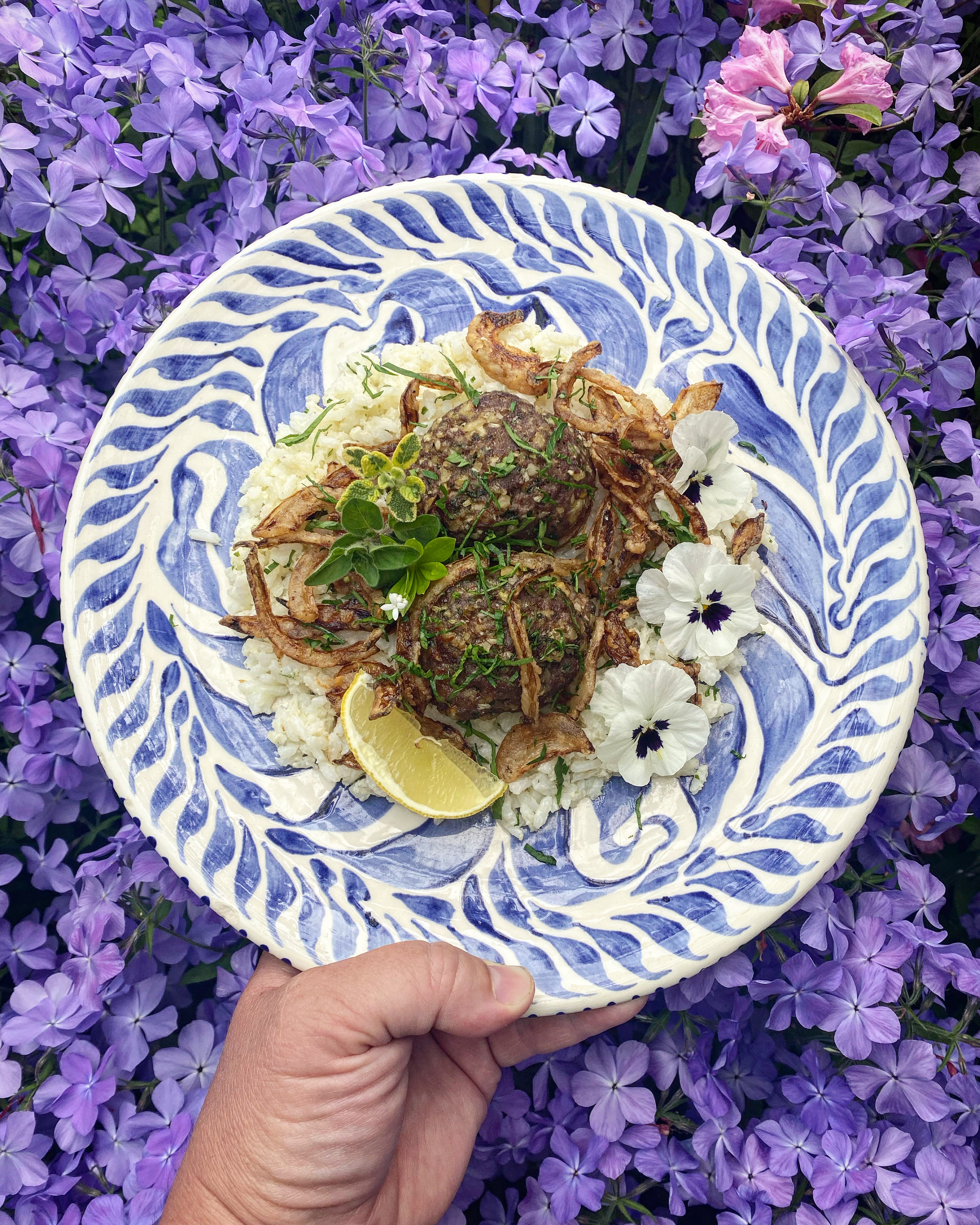 Pine Nut Parsley Meatballs with Tahini Butter Rice & Crispy Onions